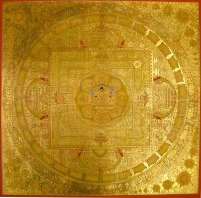 Shakyamuni Buddha And 5 Dhyani Buddha Mandala Thangka | Wall Hanging Yoga Meditation Canvas Art | Fine Quality All Gold Style Painting